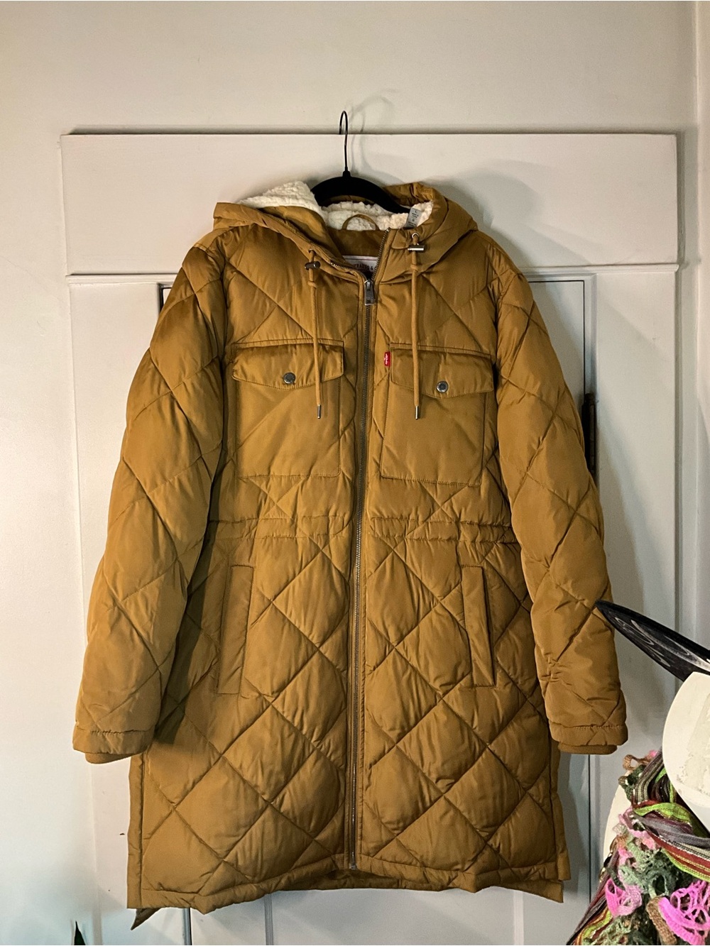 Levi's Soft Sherpa Diamond Quilted Hooded Long Puffer Jacket